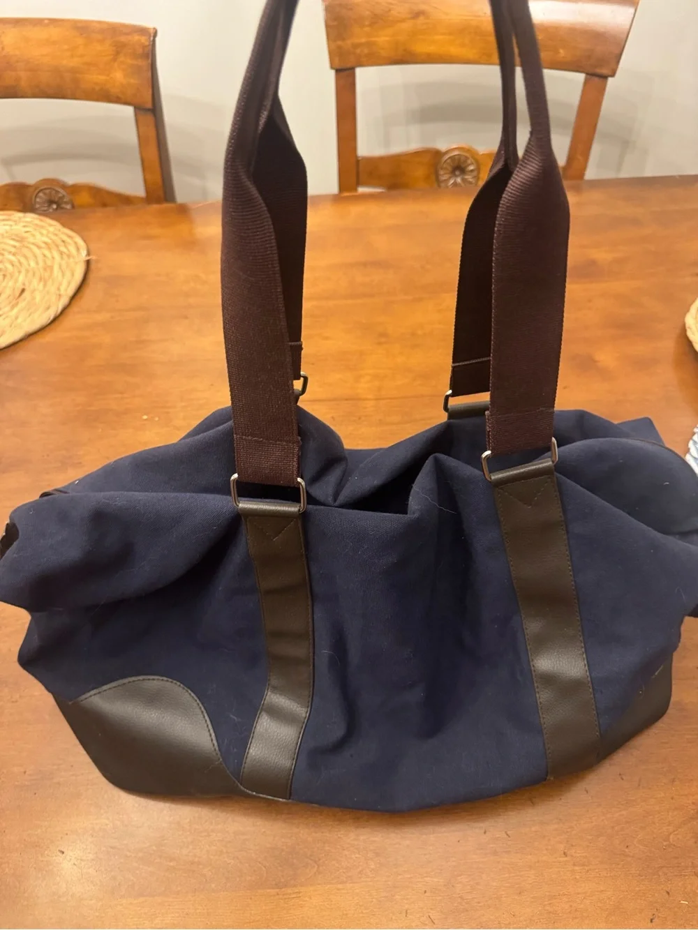 Classic Navy Canvas Duffel Bag with Brown Trim